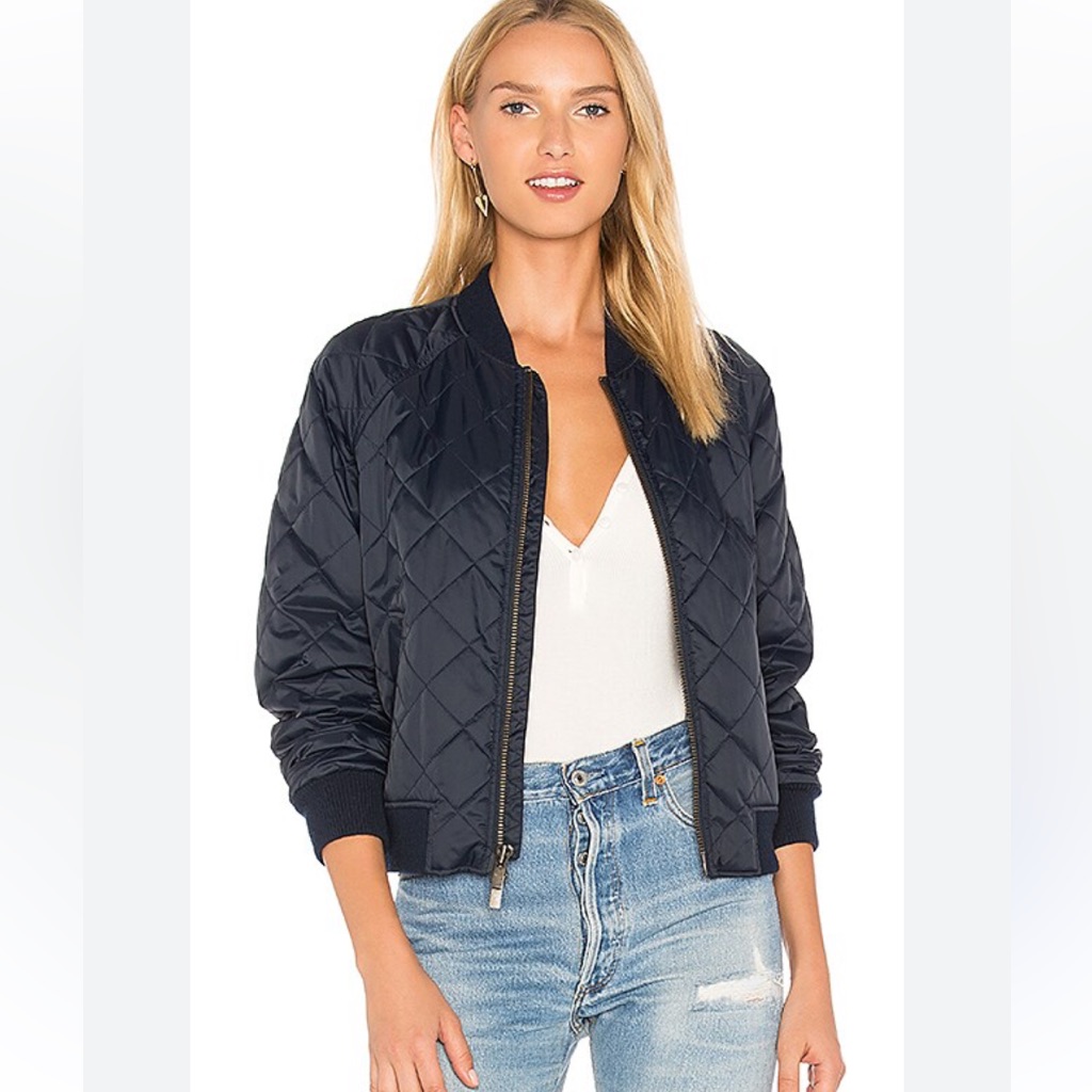 New Vince Quilted Bomber Zip Jacket In Costal Blue Navy Xs